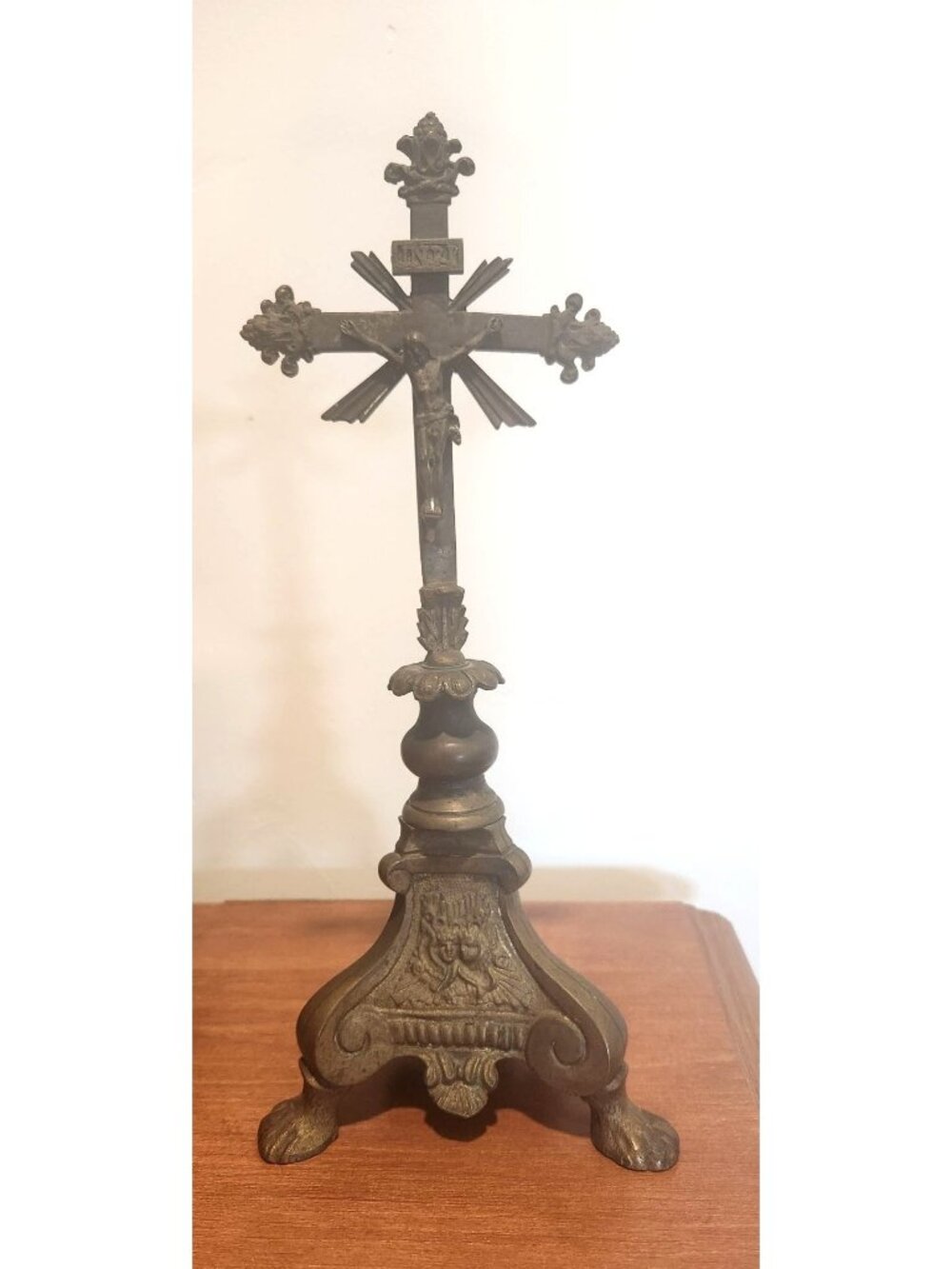 Antique Bronze Crucifix On Ornate Pedestal With Detailed Base & INRI Inscription